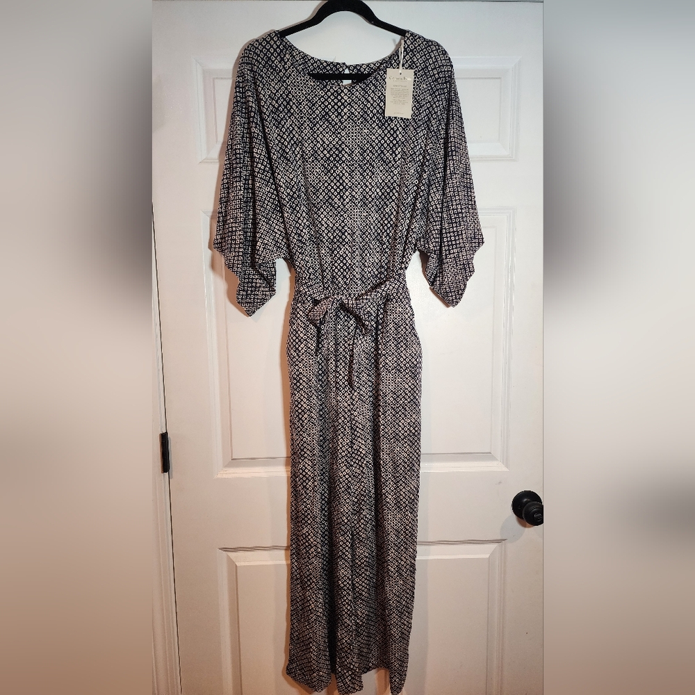 NWT Garnet Hill Green Cotton Stretchy Blue And Cream Patterned Belted Jumpsuit M